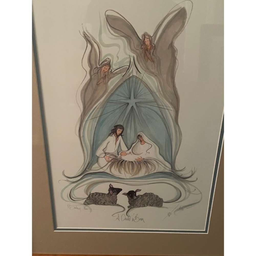 P. Buckley Moss Signed Framed Nativity Art Print A Child is Born Angels